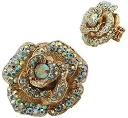 Stunning Aurora Borealis Goldtone & AB Crystal Rose Flower Fashion Ring by Jack E Ohs NYC Adjustable Size