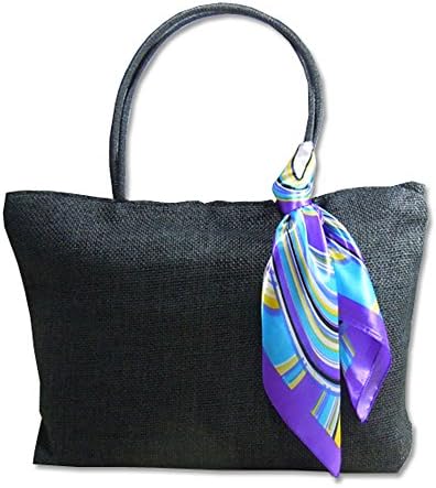 EAST 3 WEST Women's Raffia Shoulder Zipper Tote Bag with Extra Scarf Black