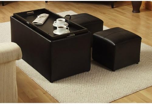 Designs4comfort Faux Leather Storage Bench with 2 Side Ottomans - Espresso - Home Furniture - Lounge, Living or Bedroom - Benches - Built-in Hardwood Serving Tray with Cut-out Handles - Fire-retardant Foam Padding