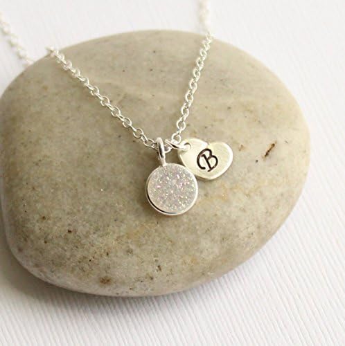 Tiny Sterling Silver Rainbow Druzy Bezel Necklace with Personalized Initial Heart