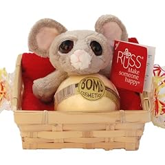Geschenkset f�r Kinder, 4 tlg. Pl�schtier Russ Berrie Maus, Badebombe mit Spielzeug f�r M�dchen und Jungen, Seiftuch 30x30 rot im Bambuskorb