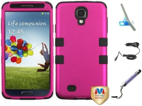Premium New Samsung Galaxy S4 Armor Hybrid Two Layer Phone Protector Cover Case With Phone Stand, Crystal Stylus Pen, Car Charger (Pink)