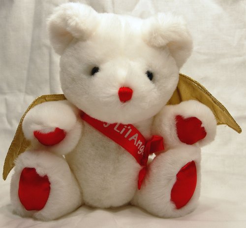 516DAugsNoL White Teddy Bear with My Lil Angel Banner and Gold Wings   8 inches tall