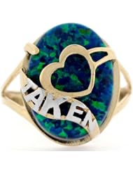 14k Gold Heart Taken Blue Green Lab Opal Unique Ring