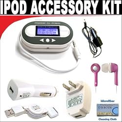 Digital 203 Channel FM Transmitter with LCD Screen + Pink mini soft Earbuds + 3-in-1 Charging kit for Apple iPod Classic, Video, Touch, Nano, iPhone 1G / 3G + DBROTH Microfiber Cleaning Cloth