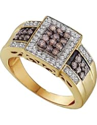 0.65 Carat (ctw) 14K Yellow Gold Round Cognac & White Diamond Ladies Fashion Cocktail Right Hand Ring