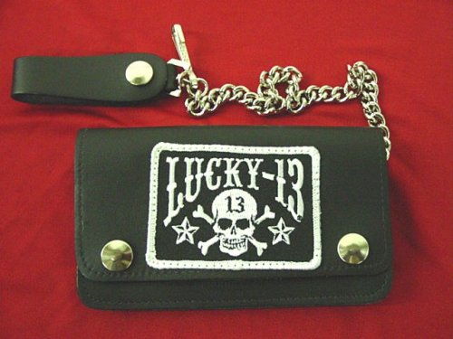Lucky 13 Skull Stars Logo Leather Wallet with chain, Lucky 13 Trucker Wallet