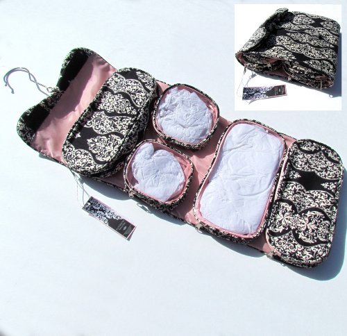 Hanging Travel Toiletry Cosmetic Bag - Travel Organizer for Women - Black and White and Pink Hanging Travel Cosmetics Toiletry Bag Has Detachable and See Through Deep Pockets - These Make Great Mothers Day Gifts