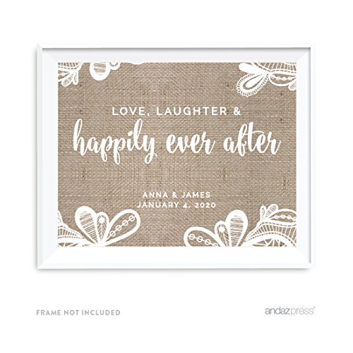 Andaz Press Burlap Lace Print Wedding Collection, Personalized Party Signs, Love, Laughter & Happily Ever After, 8.5×11-inch, 1-Pack, Custom Made Any Name