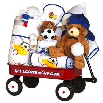 Sports Themed Wagon – Baseball Basketball Football and Soccer Ball Theme – New Baby Boy Shower, Hanukkah or Christmas Holiday Gift Idea for Newborns
