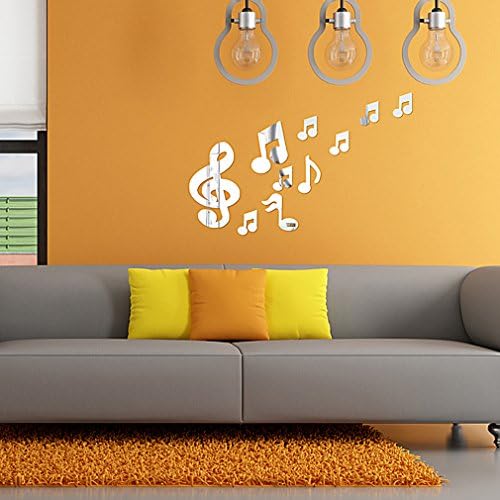 DIY - Do It Yourself New Wall Mirror Stickers, Musical Notes, Made of Acrylic Material Like Mirror, Modern Design for Home Living Room Bedroom Kitchen Baby Child Novelty Luxury Crystal Wall Silent Watch Extra Large Clocks, Silver