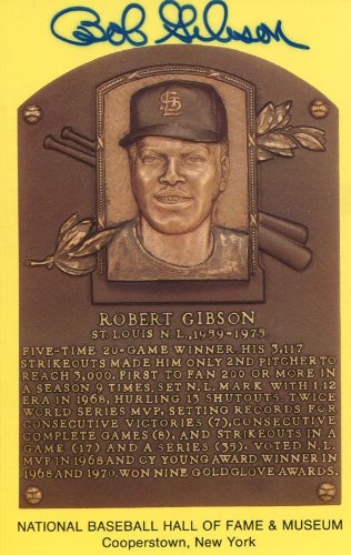 Bob Gibson Autographed/Hand Signed Baseball Hall of Fame Plaque Postcard