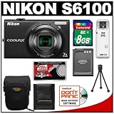 Nikon Coolpix S6100 16.0 MP Digital Camera (Black) with 8GB Card + Battery  ....