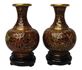 Set of 2 Chinese cloisonne copper body enameled vases, bases included, 4H