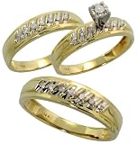 14k Yellow Gold Trio 3-Piece His (5mm) & Hers (5mm; 5mm) Wedding Band Set, w/ 0.25 Carat Brilliant Cut Diamonds; (Men's Size 9 to 12; Ladies' Size 6 to 8)