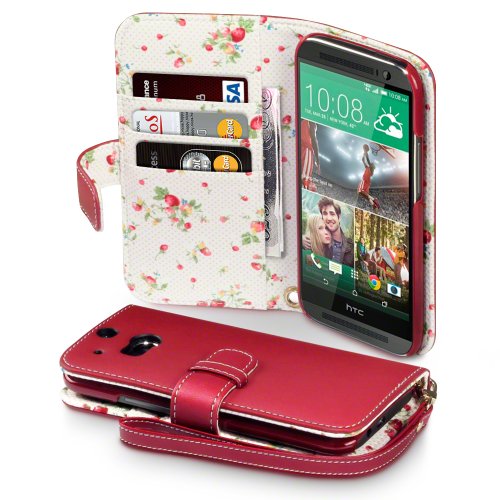HTC One M8 Case, Terrapin [Red] [Floral Interior] Premium PU Leather Wallet Case with Card Slots, Cash Compartment and Detachable Wrist Strap for HTC One M8 - Red
