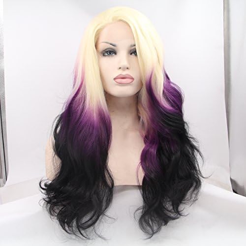 Everydaywigs 24 Inch Blonde/purple/black Three-tone Ombre Color Wavy Synthetic Lace Front Wigs Glueless Black to Lavender Heat Resistant Hair Wigs
