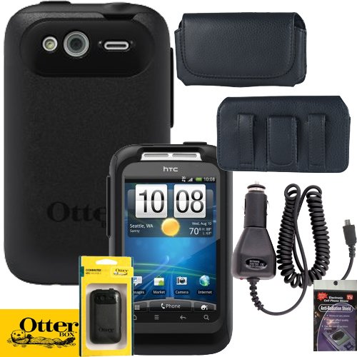 Otterbox Commuter Case for HTC Wildfire S, with Leather Horizontal Case that fits your phone with the Otterbox on it, Heavy Duty Car Charger & Anti Radiation Shield