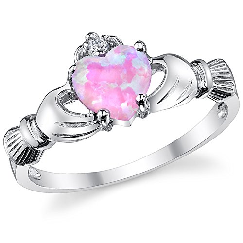 Sterling Silver 925 Irish Claddagh Friendship & Love Ring with Pink Simulated Opal Heart