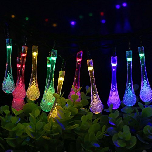 TOHUSE Outdoor Solar String Lights – Christmas Waterproof Water Drop Crystal Lighting Decorations for Garden, Path, Party, Tree Size 20ft 30LED Color Rainbow