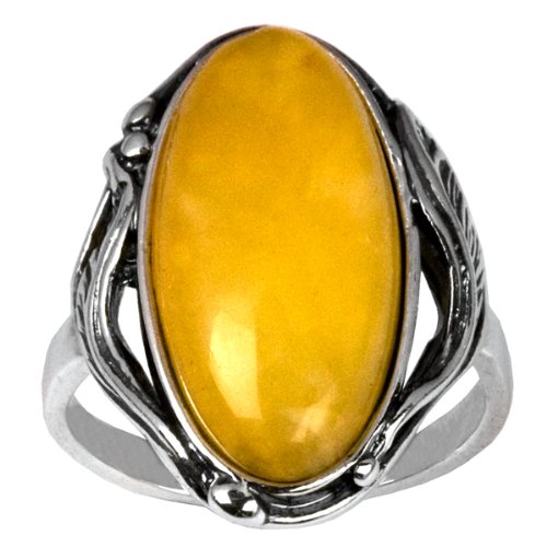 Sterling Silver Baltic Butterscotch Color Amber Oval Classic Ring Cabochon Size 10x20mm
