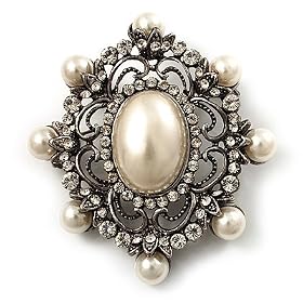 Antique Silver Filigree Ivory Pearl Corsage Brooch