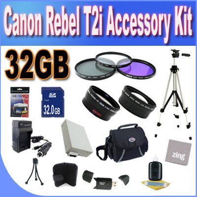 Canon T2I Accessory Saver Kit (58mm Wide Angle Lens + 58mm 2X Telephoto Lens + 58mm 3 Piece Filter Kit + 32GB SDHC Memory + Extended Life Battery + Ac/Dc Charger + USB Card Reader + Deluxe Camera Case w/Strap + Full Size Tripod + Microfiber Cleaning Cloth + LCD Screen Protectors + Mini Tripod + Accessory Saver Bundle!)