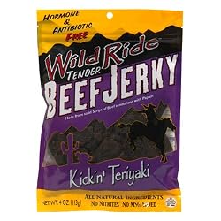 Wild Ride Beef Jerky, Kickin' Teriyaki, Hormone & Antibiotic Free, 4-Ounce Bags (Pack of 6)