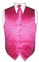 Men's Dress Vest & NeckTie Hot Pink / Fuchsia Horizontal Striped Woven Design Set for Suit or Tuxedo
