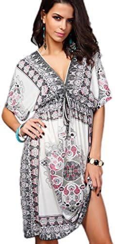MiYang Women's Lace Short Sleeves Princess Dress Printing Beach Cover-up White M