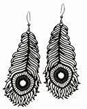 Ultra Thin Laser Cut Lavishy Funky Retro Tribal Leaf Feather Earrings - Black Gunmetal Finish BIG 2.5" Drrop