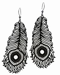 Ultra Thin Laser Cut Lavishy Funky Retro Tribal Leaf Feather Earrings - Black Gunmetal Finish BIG 2.5" Drrop