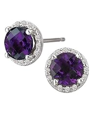 Tivolia Collection 14k White Gold Round Amethyst and Diamond Halo Earrings