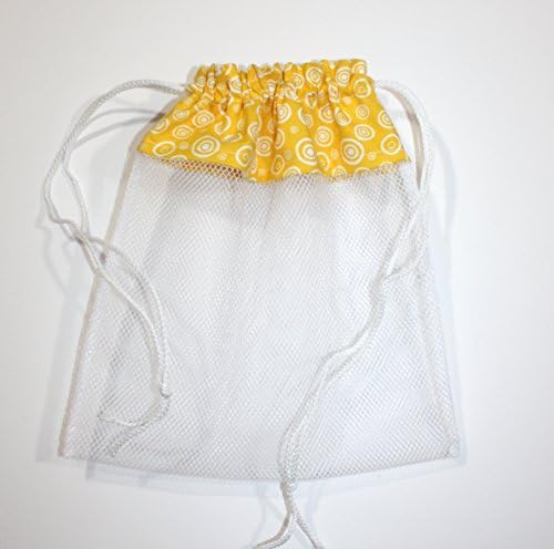 Sea Shell Bag, Circles on Yellow Fabric & Mesh Drawstring Beach Bag Handmade by FrogBlossoms