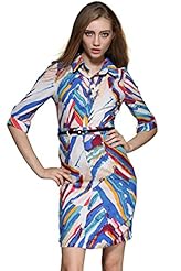  Lace Belted General Print Elbow Length Sleeves Chiffon/Cotton Summer  Shirt Bodycon Dress  With a Bow(s)