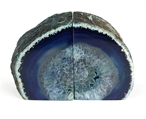 Crystal Allies Gallery: Pair of Small 1lb - 3lbs Polished Agate Geode Halves Bookends w/ Authentic Crystal Allies Stone Card (Blue)