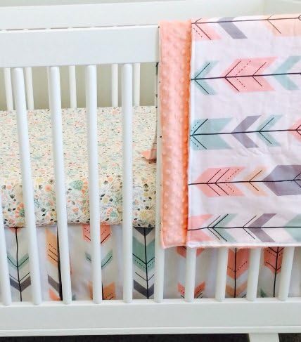 3 Piece Crib Bedding Set " Chloe " Featuring Blush Pink, Gray, Mint, and Coral Peach
