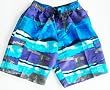 Mens Swim Trunks with Elastic Waist, 2 Side Inseam Pockets, Inside Coin Pocket, 2 Side Cargo Pockets. Blue/ Abstract Print. Mesh lined. Sizes SM-XL