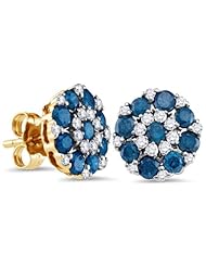 10K Yellow and White Two 2 Tone Gold Round Brilliant Cut Blue and White Diamond - Flower Shape Channel Set Studs Earrings with Secure Push Back Closure - (1.50 cttw.)