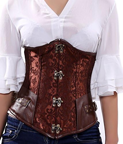 Aupor Women's Black Leather Spiral Steel Boned Waist Cinching Steampunk Corset Medium