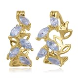 18k Yellow Gold Overlay Sterling Silver Blue Topaz Leaf Design Hoop Earrings