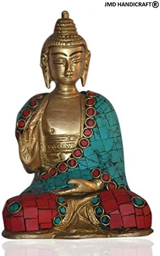 JMD HANDICRAFT ® Hand Crafted Buddha Statue, Brass with Turquoise and Coral Mosaic, Antique Look Brass Sculpture, Vintage Decorative with Gemstones on Brass, Valuable Collection, (Buddha Statue Without Base) Measures 4.2x2.5x7 Inches, Weighs About 3 Lb