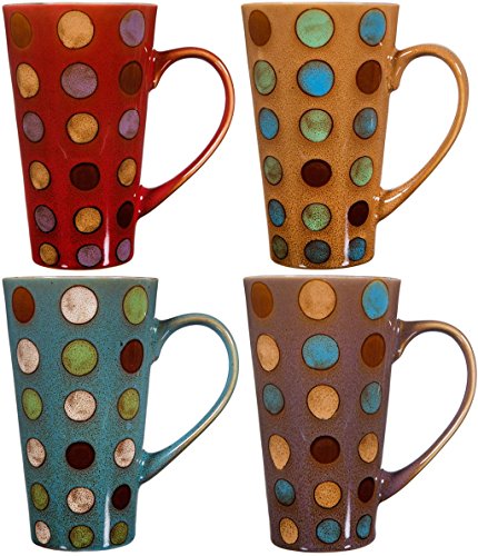 Colorful Tasty Ceramic Coffee Mug with Handle - Set of 4 - High Quality Ceramic Tea Cups Set - Tall Ceramic Latte Mugs Set (Round Dots)