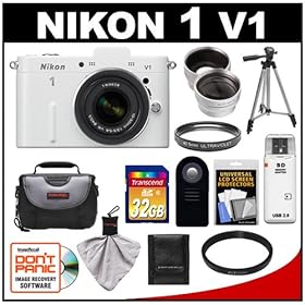 Nikon 1 V1 Digital Camera Body with 10-30mm VR Lens (White) with 32GB Card + Case + Filter + Tripod + Remote + Wide Angle & Telephoto Lens Kit