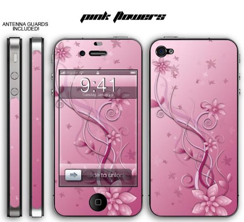 New Apple iPhone 4 Designer Skin with ANTENNA GUARDS- Pink Flowers
