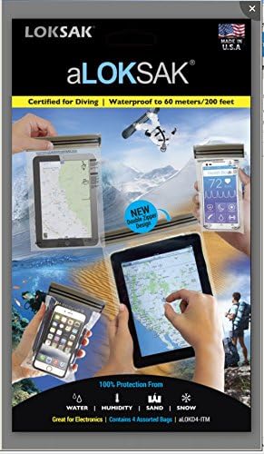 a LOKsak LOK-ALOKD4-ITM Multi Pak 3.7" x 7", 4" x 7", 6" x 9", 8" x 11" PROTECTIVE POUCHES WITH NEW DOUBLE ZIPPER RE-SEALABLE PROTECTIVE POUCHES ": Hermetic Seal protects your electronics, personal items, Wallets, Credit Cards & Passports, Medications & Toiletries, Keyless Entry Devices, Silver, Cell phones, Maps & Documents, Batteries, Global Positioning Devices, Evidence Storage, Compact Discs, Ice & Food and much more from exposure to the environment. aLOKSAK is the only re-sealable, flexible storage bag offering protection from all the elements. prevents air, humidity, water, snow, dust and sand from harming your valuables. Certified waterproof to 60 meters / 200 feet. Touch Screen electronics work while Protected in the aLOKSAK