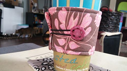Cute Coffee Cup Cozy with Pink and Brown Floral Fabric and Vintage Button Closure