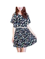 General Print Pleated Elasticized   Waistline Chiffon Round Neck  Dress