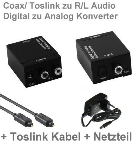 Audio Konverter Wandler Digital (Toslink und Koaxial) zu Analog (Cinch) - Digital zu Analog Audiowandler mit Netzteil und Toslinkkabel