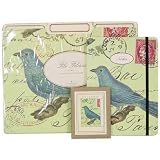 Bluebird on Green combination set: Elastic bound notebook, Set of 18 bookplates and Tabbed file folders